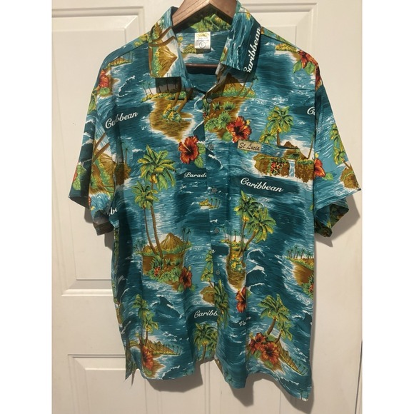 Hawaiian‎ Shirt XL St Lucia Men's Print Split Hem Blue Caribbean Short Sleeve - Picture 1 of 12